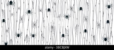 Halloween Background with Spider Web in Hand Drawn Style. Creepy doodle banner with arachnids dangling from threads perfect for cards, party Stock Vector