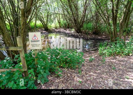 Danger deep water sign and pond surrounded by trees Stock Photo