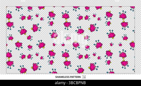 Seamless Pink Floral Pattern with Blue Stamens on Transparent Background for Cute Spring and Nature Inspired Designs Stock Vector