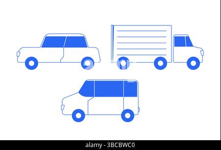 Three vehicles side view 2D line objects set Stock Vector