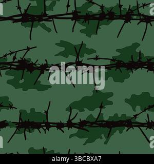 Silhouette of the barbed wire on the background of a camouflage. Unique barbed wire camouflage seamless pattern for military projects, tactical gear, Stock Vector