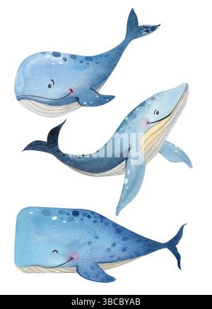 Watercolor blue whale illustration isolated on white background. Hand ...