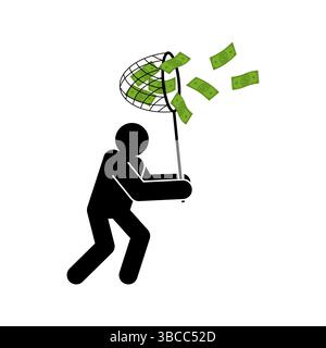 Man catches money with Butterfly net . Concept of catching money. Getting rich and increasing finances. Stock Vector