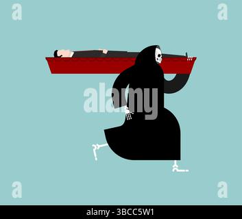 Grim Reaper carries coffin with dead man Stock Vector
