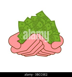 Palms full of money. Many dollars in hands. Concept illustration: wealth and prosperity Stock Vector