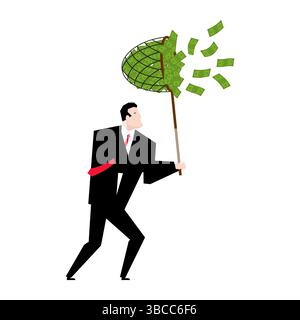 BusinessMan catches money with Butterfly net . Concept of catching money. Getting rich and increasing finances. Stock Vector