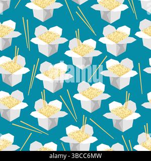 Chinese noodles in box pattern seamless. Traditional food in China background Stock Vector