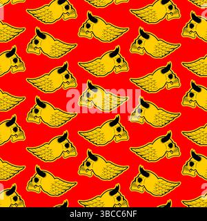 Skull with horns and wings pattern seamless. Symbol of demons and Satan background Stock Vector