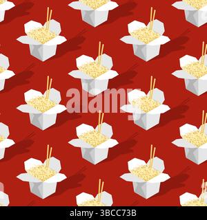Chinese noodles in box pattern seamless. Traditional food in China background Stock Vector