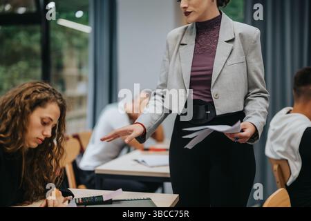 Teacher assisting students during a classroom study session Stock Photo