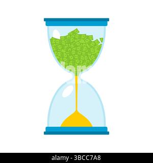 Hourglass with money. Glass hourglass and cash. Concept - time is money. Stock Vector