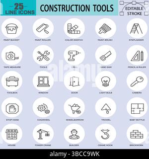 Set of Construction tools Related Vector Line Icons. Outline Symbol Collection. Pixel Perfect Design.eps Stock Vector