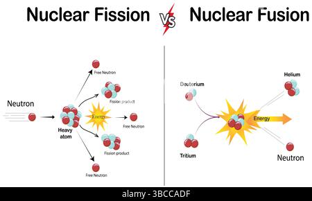 Fusion vs fission chemical process differences comparison outline diagram of Unstable Nuclei Splitting and Energy Emission. Stock Vector