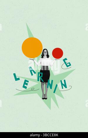3D photo collage template trend composite of lesson school class teacher young woman formalwear stand hand hold choose ball learning Stock Photo