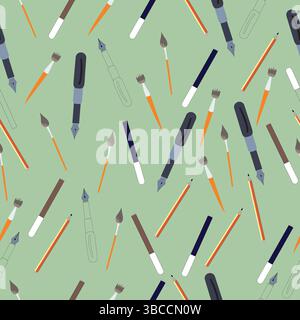 Seamless pattern with writing tools; brush, pen and fountain pen continuous pattern Stock Vector