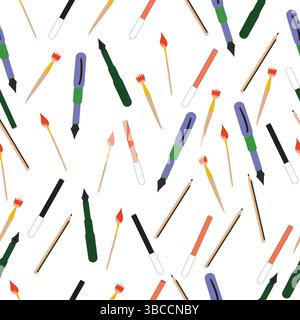 Seamless pattern with objects used to write; brush, pen and fountain pen continuous pattern Stock Vector