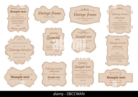 Vintage labels. Different decorative frames with text, romantic retro emblems, filigree borders, calligraphic curls, swirls, bends. Classic elegant Stock Vector
