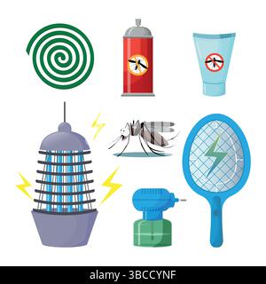 Mosquito control products set. Flat vector illustration of mosquito repellent, electric racket, spray, repellent cream and mosquito or fly killer lamp Stock Vector