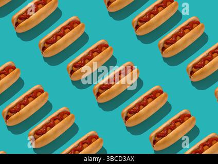 Set Of Tasty Hot Dogs With Sausage And Ketchup On Turquoise Background Stock Photo