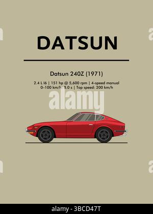 Vector illustration of a red Datsun 240Z in side profile view. Clean, flat design with retro aesthetic, perfect for posters or car-themed artwork. Stock Vector