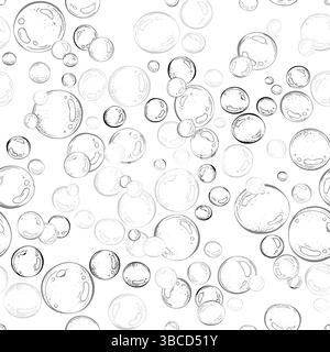 Blue water bubbles of different sizes and tones in a chaotic order. Graphic linear drawing, hand drawn in black and white monochrome. nautical Stock Vector