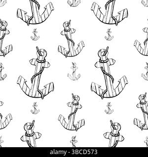 Wooden, striped anchors of coral and yellow color with rope. Watercolor illustration. Seamless pattern on a white background from the SEA FISHING Stock Vector