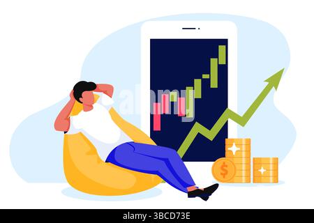 Man lying on pouf near smartphone with growing financial stock market chart, gold coins and green arrow. Vector flat cartoon illustration. Wealthy, su Stock Vector