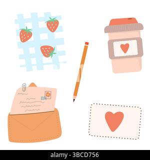 Set of elements for journaling stickers. Coffee, pencil and love letter. Stock Vector