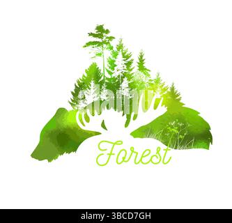 Silhouettes of green animals symbol of the forest. hand drawing. Not AI. Vector illustration Stock Vector
