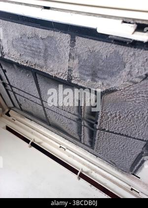 Close up of a household air conditioner filter heavily clogged with dust and debris showing poor maintenance and potential respiratory health risks un Stock Photo