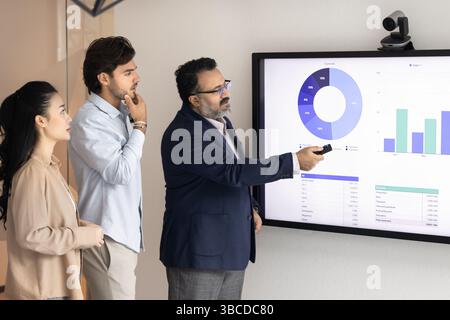 Male professional presenting financial data on digital screen to colleagues Stock Photo