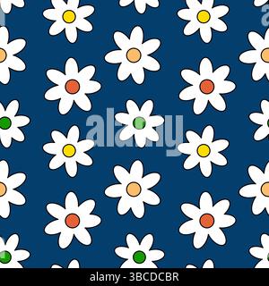 Summer vector seamless cartoon pattern with many daisy flowers. Floral pattern on blue background. For summertime design of item and clothing, wrappin Stock Vector