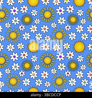 Summer seamless cartoon pattern with many flowers and suns with rays of different shapes. Naive floral and sun pattern on blue background. For summert Stock Vector
