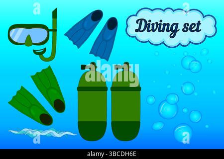 Illustration of a summertime diving equipment set - snorkel and diving mask, swim fins or flippers, oxygen scuba diving air tanks, wave and water bubb Stock Vector