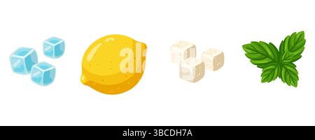 Full lemon, mint leaves, sugar cubes and ice set in cartoon style. Vector isolated illustration on white background Stock Vector