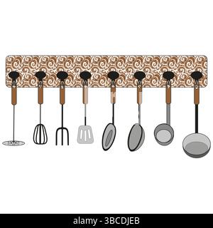 Kitchen tools hanging. Patterned wall mount. Full utensil set. Colored vintage feel. Stock Vector
