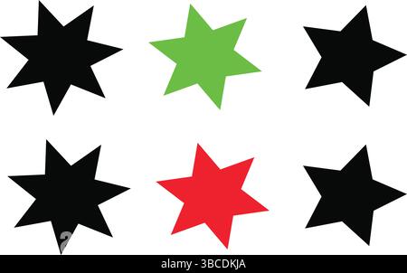 Bold Star Shapes in Black Red and Green Vector Icons for Decoration and Holiday Design Stock Vector
