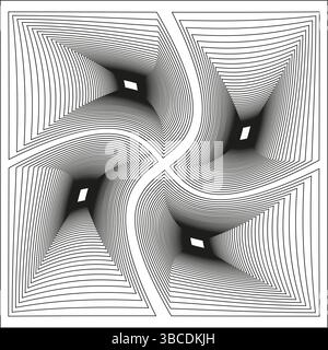 Warped lines shape. Square tunnel illusion. Geometric distortion pattern. Vector black drawing. Stock Vector