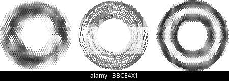 Bitmap pixel arcade game effect. Circles frames with bit pattern texture. Round y2k halftone elements on white background. Vector aesthetic set with Stock Vector
