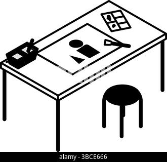 Simple and cute isometric line art illustration of a drawing in art class, Vector Illustration Stock Vector