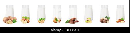 Different types of nut milk in glasses isolated on white, set Stock Photo