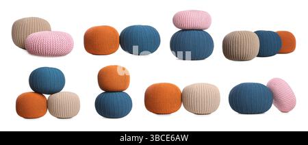 Different knitted poufs isolated on white, collage. Interior element Stock Photo