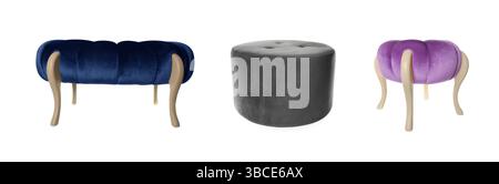 Different poufs isolated on white, collage. Interior element Stock Photo