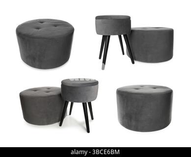 Different poufs isolated on white, collage. Interior element Stock Photo