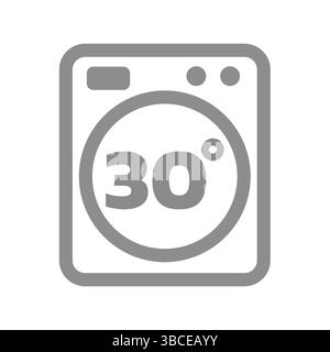 Wash at 30 degrees line icon. Thirty degree washing machine temperature vector. Stock Vector