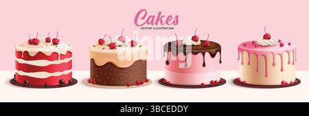 Birthday cake elements clipart set. 3d cake dessert clip art collection in red velvet, chocolate, strawberry and raspberry flavors with cherry Stock Vector
