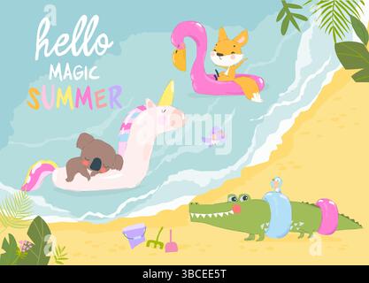 Funny Animals sunbath swimming in the Sea on Sea Beach Shores Stock Vector