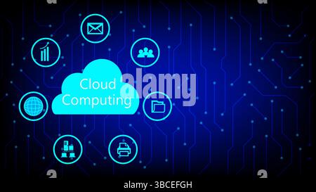 Illustration of cloud computing technology with icons representing digital services such as email, data sharing, network, file storage, and teamwork Stock Vector
