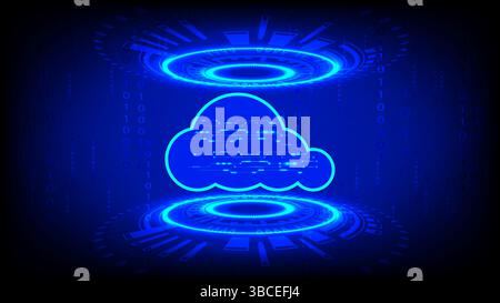 Illustration of cloud computing technology with icons representing digital services such as email, data sharing, network, file storage, and teamwork Stock Vector