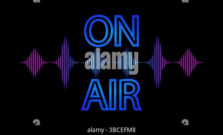 An illuminated ON AIR sign with a glowing red dot and colorful soundwave graphic on a black background, indicating a live broadcast Stock Vector
